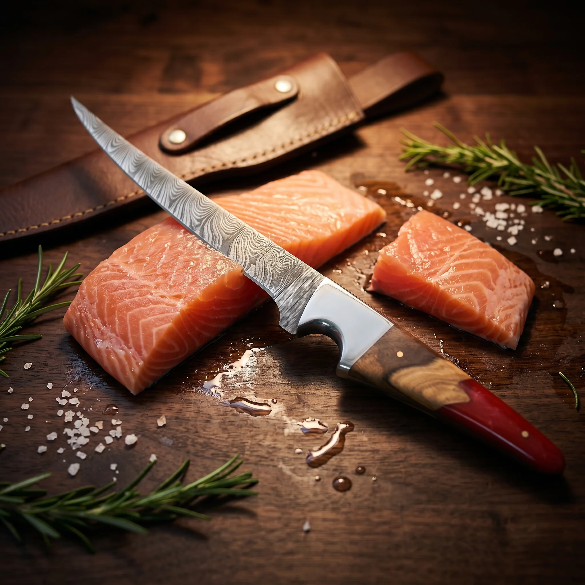 Damascus Fillet Knife – Resin And Sass Wood Handle - Image 3