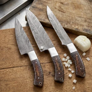 3-Piece Damascus Chef Set with Feather Pattern – Handmade