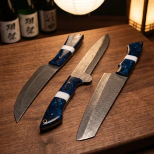 3-Piece Damascus Chef Set with Rain Drop Pattern – Handmade