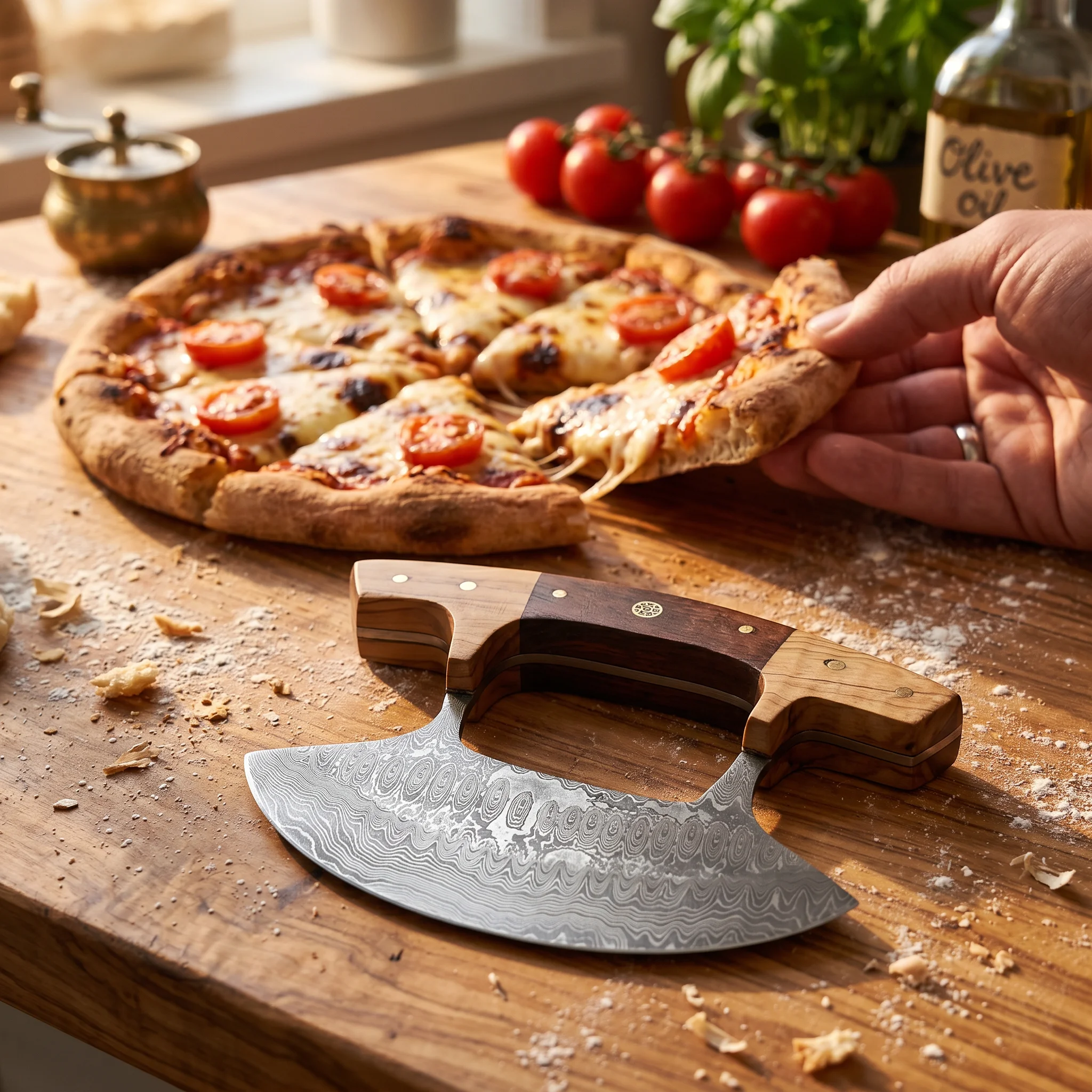 Small Damascus Pizza Cutter – Design 3