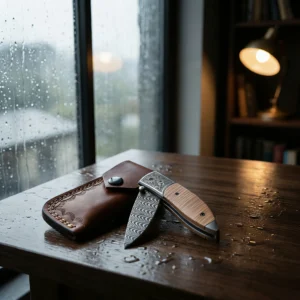 Engraved Wood Damascus Folding Knife